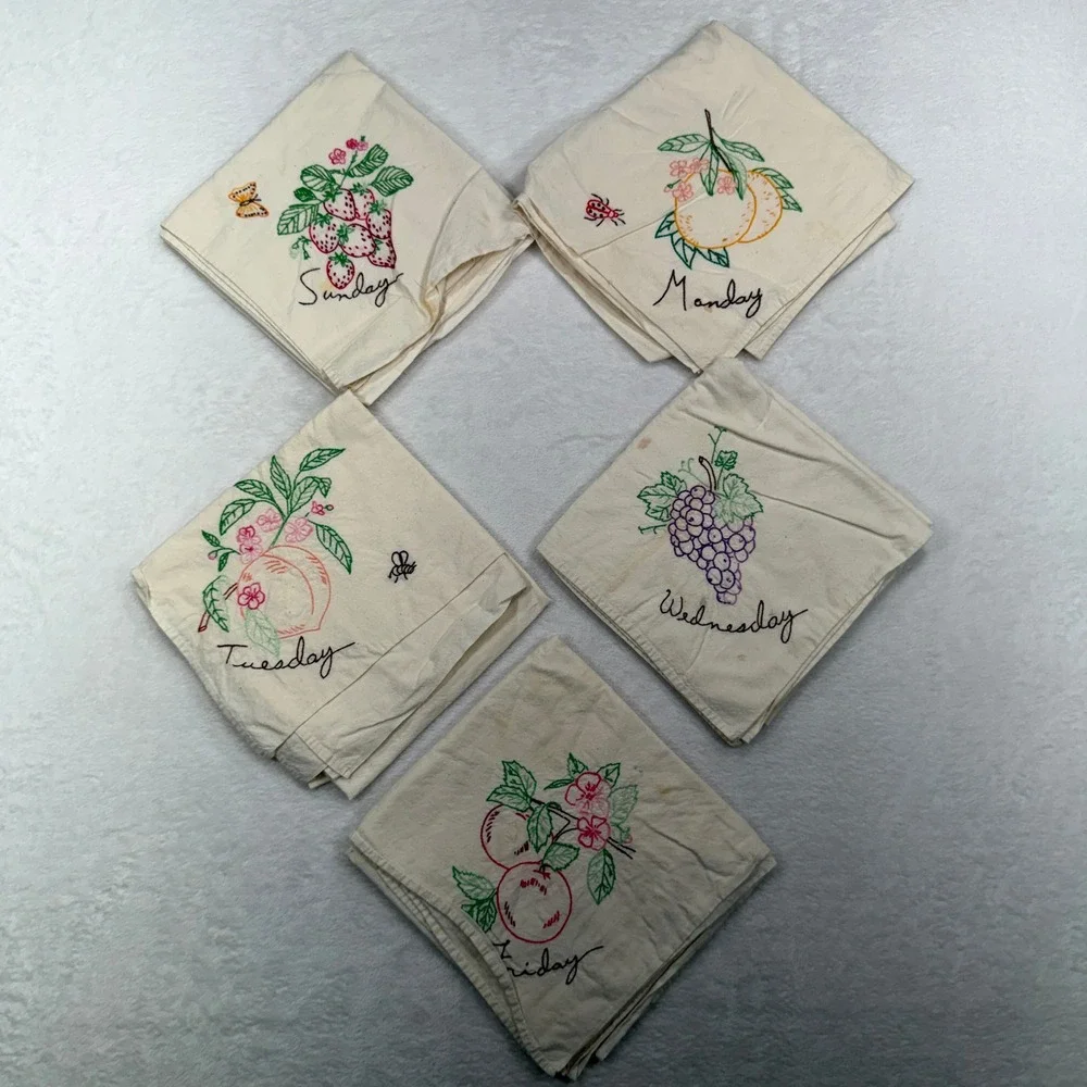 Vintage Tea Towels Days the Week Fruit Hand Embroidered Set of 5 Cream Kitschy